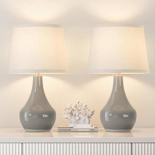 Seealle Modern Ceramic Table Lamps for Night Stands - Bedside Lamps Set of 2 for Nightstand, 19.4" Grey Bedroom Lamp for Living Room Cute Desk End Table Office Guest Room Dresser R