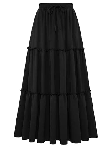 Arolina Women's Black Skirts with Pockets 2025 Casual Flowy A Line Maxi Skirts High Waisted Pleated Tiered Long Skirts M