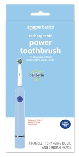 Amazon Basics Power Rechargeable Electric Toothbrush with EasyFlex Brush Heads, Bacteria Defense and Replace-Me Bristles, 2-Minute Quadrant Timer