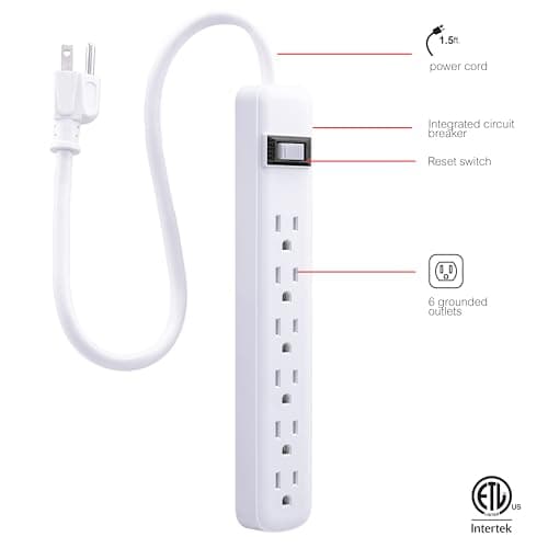 Regleta GE de 6 Contactos (2 Paquetes), Cable 1.5ft Uso Rudo, Tierra, Breaker, Montaje en Pared, Blanco