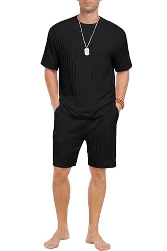 PrinStory Mens Pajamas Set Summer Pjs Sets Lightweight Short Sleeve Pajama Shorts Set Soft Sleepwear Loungewear with Pockets Black-M thumbnail 4