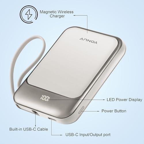 Magnetic Power Bank 10000mAh, Wireless Portable Charger with 15W Max Fast Charging & Built-in USB-C Cable, 22.5W PD LED Display Battery Pack Compatible with iPhone 17/16/15, Samsun