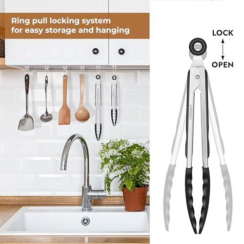 FINENUT Stainless Steel&Silicone Food Tongs Set of 2 (9+12 Inch)-BPA-Free&Non-Toxic Heat Resistant Non-Scratch BBQ&Cooking Tools,Strong Grip Locking for Grilling,Air Fryer,Salad,Di