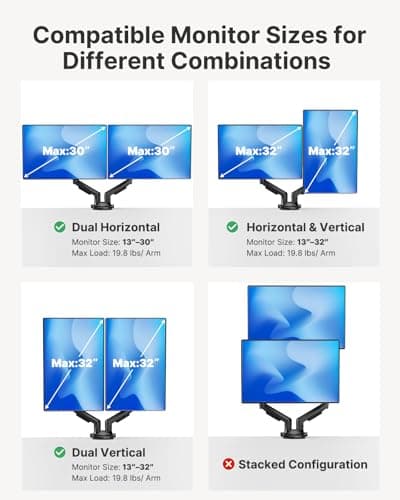 HUANUO FlowLift™ Dual Monitor Stand, Fully Adjustable Gaming Monitor Desk Mount for 13–32″ Computer Screens, Full Motion VESA 75x75/100x100 with C-Clamp & Grommet Base, Each Arm Ho thumbnail 8