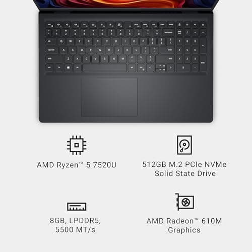 Dell 15 Laptop DC15255-15.6-inch FHD 120Hz Display, AMD Ryzen 5-7520U, 8GB LPDDR5 RAM, 512GB SSD, Radeon 610M Graphics, Windows 11 Home, Onsite Service - Carbon Black thumbnail 9