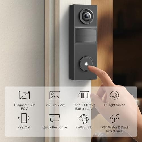 Tapo 2K Wireless Smart Video Doorbell - 160° Ultra-Wide View, Person Detection, 2-Way Talk, Ring Call, Night Vision, Subscription-Free Local Storage or Optional Cloud, D205
