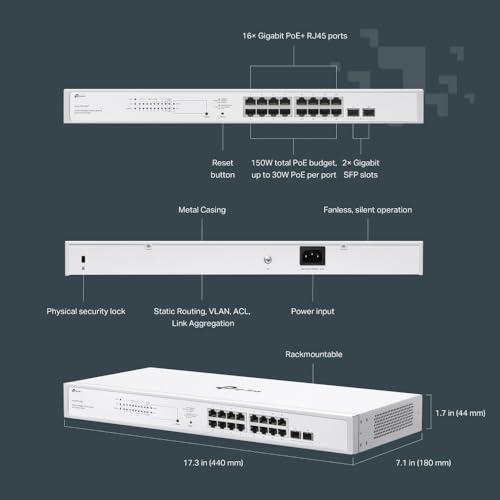 TP-Link Festa FS318G 18 Port Gigabit Smart Managed Network Switch - 16 RJ45 Ports & 2 SFP Slots, Free Cloud Access, Static Routing, Vlan, IGMP Snooping, Rack-mountable, fanless, Do