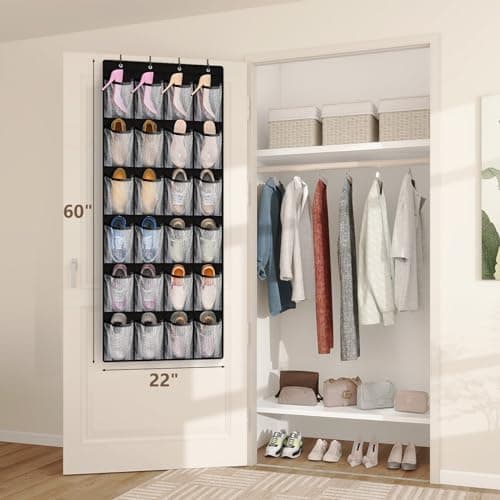 FENTEC 24 Large Pockets Over Door Shoe Organizer, Mesh Hanging Shoe Organizer for Closet Mesh Closet Holder, Back of Door Organizer for Cruise Ships, Rack for Wall, Black, 1 Pack
