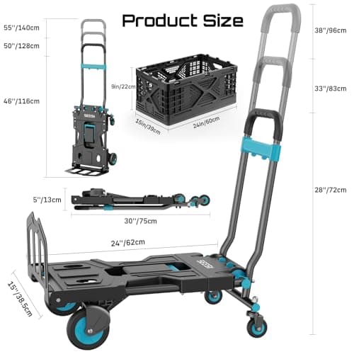 SEESII Foldable Dolly Cart with Folding Basket, 330 lbs Max Capacity Portable Hand Cart, 2-in-1 Heavy Duty Folding Hand Truck with Adjustable Retractable Handle for Moving, Deliver thumbnail 2
