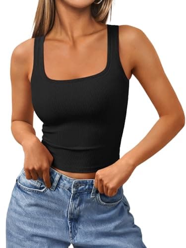 Trendy Queen Women's Summer Square Neck Tank Tops Workout Cropped Ribbed Camisole Sleeveless Clothes 2026 Black L