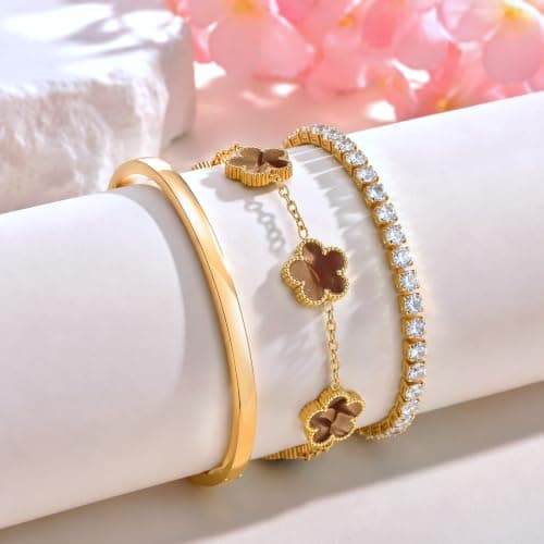 Miniatura de Set de 3 Pulseras KSF Apilables con Flores y Chapa de Oro 18K 5