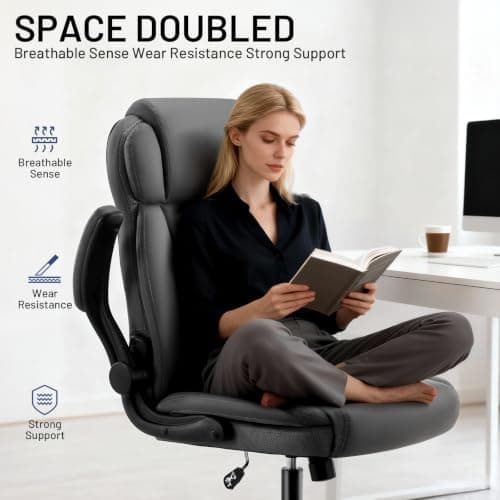 AreShark Ergonomic Office Chair with High Back Headrest,PU Leather Executive Desk Chair Padded Flip-Up Armrests,Lumbar Support,Swivel Computer Chair for Home Office & Gaming,Gray thumbnail 6