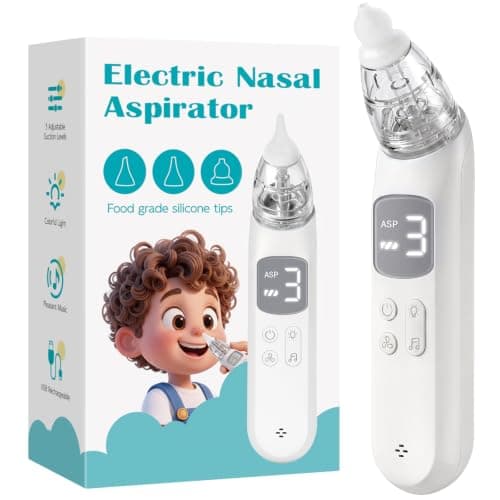 Baby Electric Nasal Aspirator, 3 Suction Levels, 3 Interchangeable Silicone Tips, Music & Light