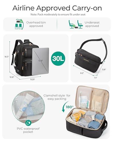 BAGSMART Womens Backpack Carry On Flight Approved, Travel Backpack for Women with Waist Bag, Traveling Lightweight Weekender Casual Daypack 17.3" Laptop Work Back pack Personal Ite