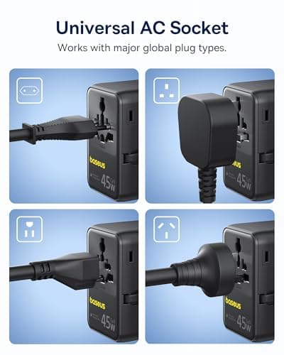 Baseus 45W European Travel Plug Adapter, 6-in-1 Universal Power Adapter with USB-C Retractable Cable, PD Fast Charging GaN International Travel Essentials for Over 200 Countries - 