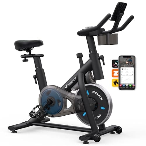 Merach Exercise Bike, Magnetic Friction Stationary Bike with Brake Pad and Exclusive App, Low Noise Indoor Cycling Bike with 300lbs Weight Capacity, Tablet Mount and Fitness Course