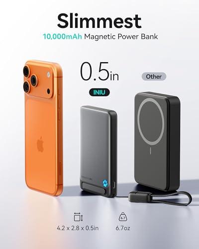 INIU for Magsafe Power Bank, Slimmest 10000mAh Qi2 Certified 15W Magnetic Portable Charger, 45W Fast Charging with Built-in USB-C Cable, Battery Pack with Stand for iPhone Air 17 1