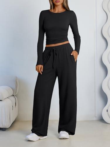 LILLUSORY Lounge Sets for Women Two 2 Piece matching Loungewear Sets Women Winter Clothing 2025 Fall Fashion Travel Airport Outfits Sweatsuits Casual Cute Clothes Black M