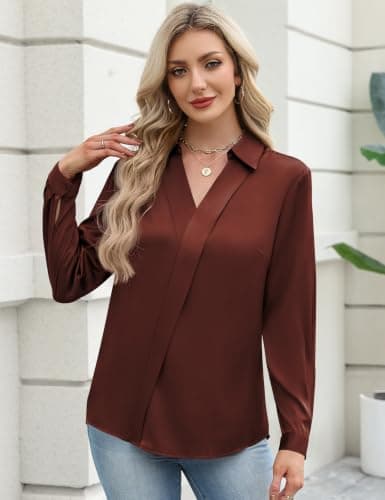 LOMON Satin Blouses for Women Fall Clothes Dressy V Neck Long Sleeve Shirts