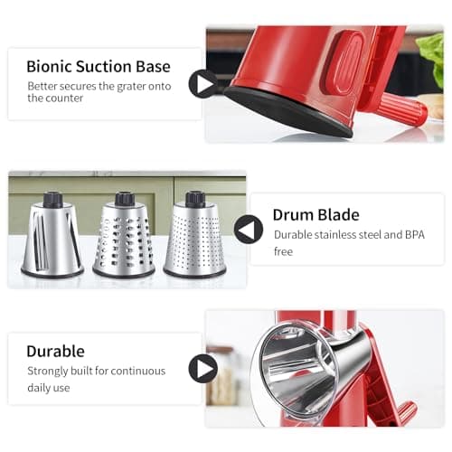 Weltonhm 4 in 1 Large Rotary Cheese Grater Hand Crank (red, 3 Graters)
