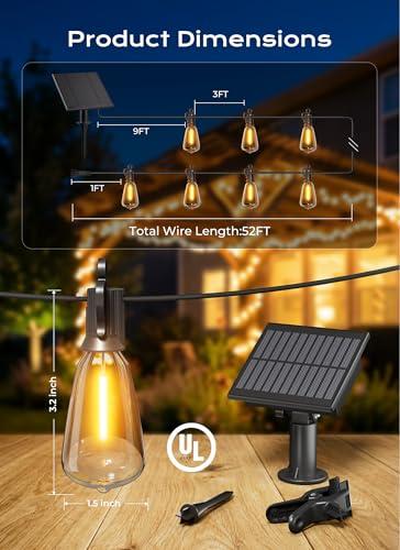 Brightown 52FT Solar String Lights Outdoor Waterproof, Patio Lights with Remote and 15+1 LED Shatterproof Bulbs, Dimmable & Timable, 3 Light Modes, Solar Lights Outdoor for Yard Ga thumbnail 6