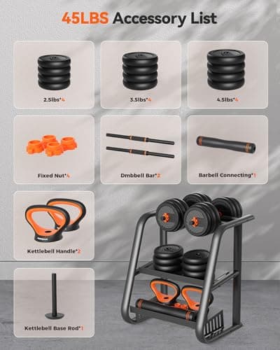 FEIERDUN Adjustable Dumbbells, 45lbs Free Weight Set with Connector, 4 in1 Dumbbells Set Used as Barbell, Kettlebells, Push up Stand, Fitness Exercises for Home Gym Suitable Men/Wo thumbnail 9