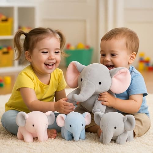WEIGEDU Elephant Plush Toy Set – 4-Piece Stuffed Animal Family with Zipper Storage | Soft Elephant Dolls for Toddlers & Kids | Grey, Blue, Pink Nursery Decor
