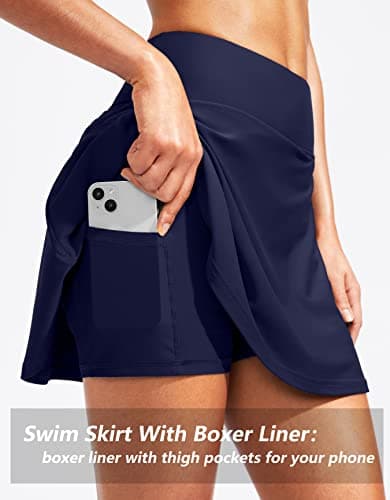 Kayrth Women's High Waisted Swim Skirt with Zipper Pockets Tummy Control Bathing Suit Swimsuit Tankini Bottoms Navy thumbnail 4