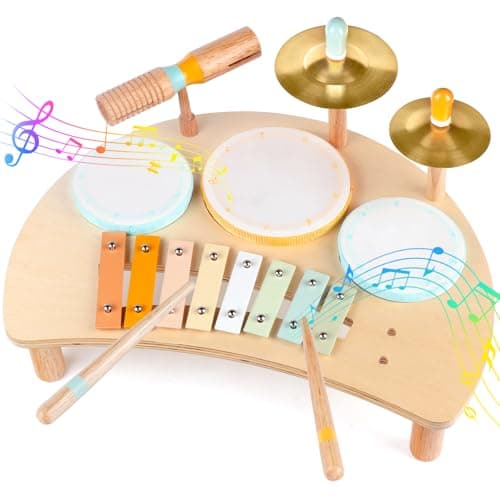 Kids Drum Set, Montessori Musical Instruments for Toddlers 1-3, Wooden Musical Toys for Baby 12-18 Months, Preschool Educational Xylophone Drum Kit