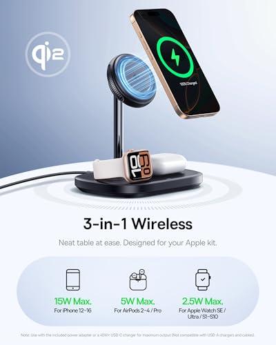 Baseus Qi2 15W 3-in-1 Charging Station, Magnetic Wireless Charger Stand with TEC Cooling, MagSafe-Compatible iPhone Charger for iPhone12-17 Series, AirPods, Apple Watch (45W Adapte