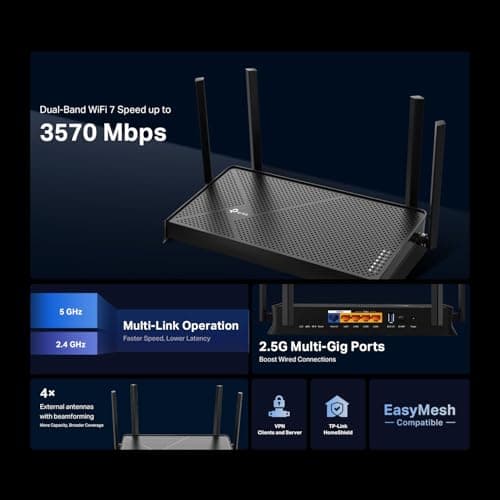 TP-Link Dual-Band BE3600 Wi-Fi 7 Router Archer BE230 | 4-Stream | 2×2.5G + 3×1G Ports, USB 3.0, 2.0 GHz Quad Core, 4 Antennas | VPN, EasyMesh, HomeShield, MLO, Private IOT | Free E thumbnail 3