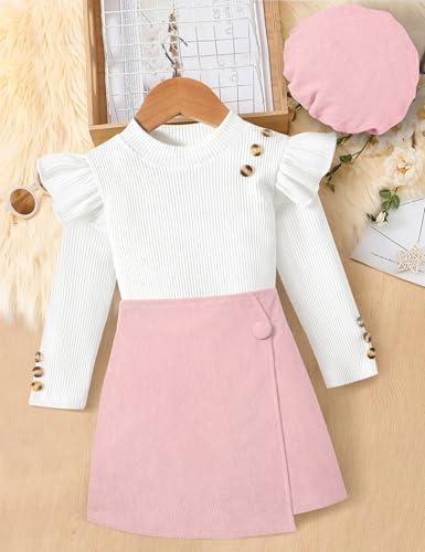 Miniatura de MIGU Girls Clothes Size 10-12 Years old Teen Girl Clothes Ruffle White Long Sleeve Round Neck Button Top Pink Skirt Short Beret Fall Winter Outfit 3 Piece Skirt Set 5