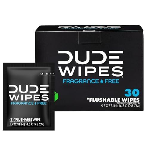 DUDE Wipes On-The-Go Unscented Travel Wipes - 30 Count (Individually Wrapped) - Extra-Large Adult Flushable Wipes for Sensitive Skin - Infused with Vitamin E and Aloe - Septic and 