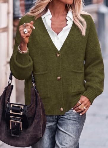 Miniatura de Cárdigan Corto Casual Dowerme para Mujer con Botones, Tejido Grueso, Verde Militar, Talla S 3