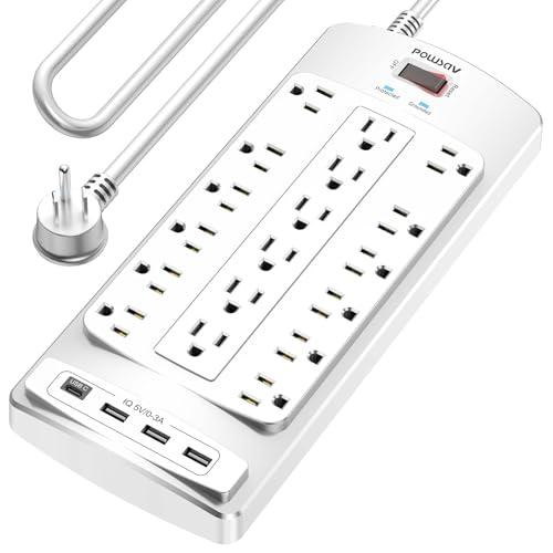 Regleta Protectora de Sobretensión de 18 Tomas con 4 USB, Cable Plano de 3m y 2100 Joules