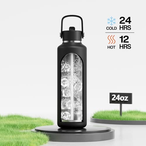 Miniatura de Botella de agua aislada POWCAN de 24 oz con popote: a prueba de fugas, mantiene frío 24h, ideal para portavasos (Negro) 2