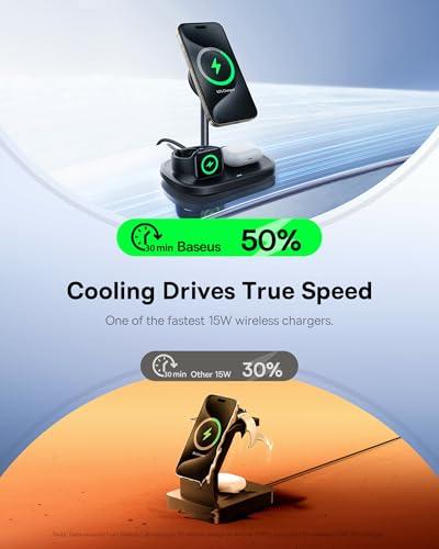 Baseus Qi2 15W 3-in-1 Charging Station, Magnetic Wireless Charger Stand with TEC Cooling, MagSafe-Compatible iPhone Charger for iPhone12-17 Series, AirPods, Apple Watch (45W Adapte