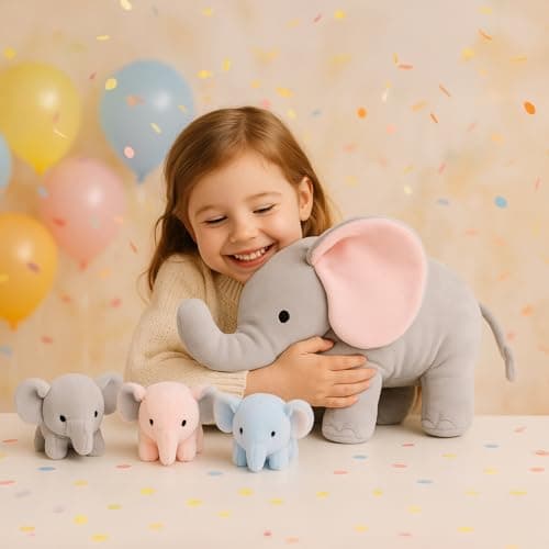 WEIGEDU Elephant Plush Toy Set – 4-Piece Stuffed Animal Family with Zipper Storage | Soft Elephant Dolls for Toddlers & Kids | Grey, Blue, Pink Nursery Decor