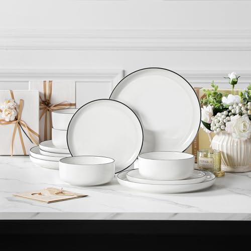 MALACASA Plates and Bowls Sets, 12 Pieces Modern Porcelain Dinnerware Set for 4 White Kitchen Dinner Dining Ware Set wtih Black Rim Ceramic Dishware Dishes Microwave and Dishwasher thumbnail 9