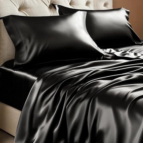 BEDELITE Satin Sheets Queen Size Bed Set, Luxury Soft Black Silky Sheets for Hair and Skin, Similar to Silk Bed Sheets Set 4 Pieces with 1 Deep Pocket Fitted Sheet, 1 Flat Sheet, a
