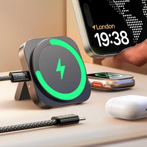 LISEN for MagSafe Charger Stand for iPhone Magnetic Apple Watch Airpods Charging, Airplane Gadgets Magsafe Kickstand for iPhone Wireless Charger Gifts for Women Men Travel Essentia
