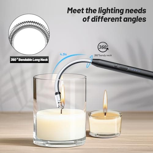 VEHHE Electric Lighter with 360° Flexible Neck, Flameless Windproof Long Candle Lighter with Led Battery Display, USB C Rechargeable with Hanging Hook for Gifts BBQ Fireworks (Blac thumbnail 4