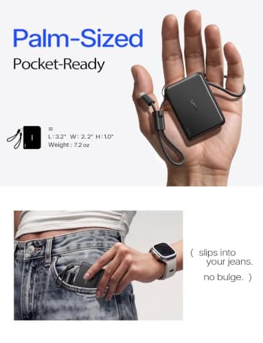 LISEN Small Portable Charger, 45W 10,000mAh Mini Power Bank Fast Charging | Detachable USB‑C Cable for iPhone 18 Pro Max Duo, Travel Essential, Flight‑Safe, EDC for Samsung S26/25 Ultra, iPad, Black thumbnail 3