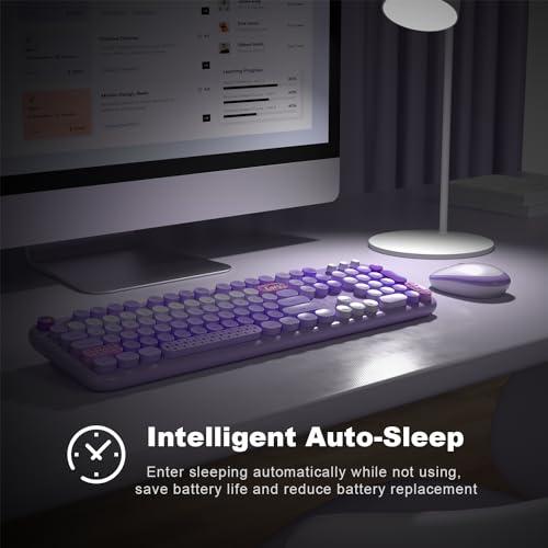 MOFII Wireless Keyboard and Mouse Combo, Full Size 2.4G Plug and Play Typewriter Retro Round Computer Keyboard and Mouse Set for Windows, Computer, Desktop, PC, Notebook - (Purple 