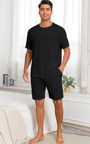 PrinStory Mens Pajamas Set Summer Pjs Sets Lightweight Short Sleeve Pajama Shorts Set Soft Sleepwear Loungewear with Pockets Black-M thumbnail 3
