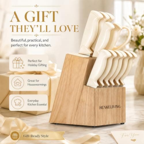 HENKELIVING 14-Piece Cream Kitchen Knife Block Set with Built-in Sharpener | Dishwasher safe, german high-carbon stainless steel blades, ultra-sharp edges, ergonomic non-slip handles thumbnail 8
