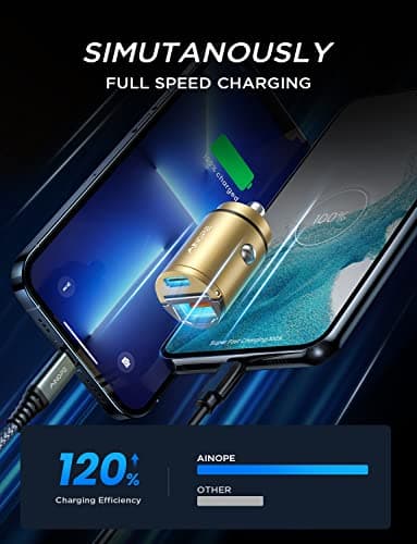AINOPE 60W USB C Car Charger Fast Charging for iPhone 17 Pro Max Plus,[Smallest Metal] Car Charger USB C PD30+QC30W 3.0 Dual Port Cigarette Lighter Charger for iPhone 16 15 Samsung thumbnail 3