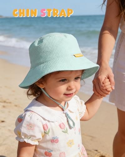 HONGTEYA Baby Sun Hat Toddler Boy Bucket Hat Kids Summer Beach Hat Wide Brim Sun Protection White/Lightblue