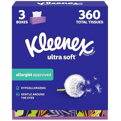 Kleenex Ultra Soft Facial Tissues, 3 Flat Boxes, 120 Tissues per Box, 3-Ply (360 Total), Packaging May Vary