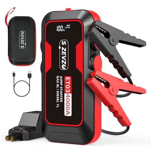 S ZEVZO ET03 Car Jump Starter 4000A Jump Starter Battery Pack for Up to 8.0L Gas and 7.0L Diesel Engines, 74Wh Portable 12V Jump Box with USB Ports, LCD Display, Storage Case, and 